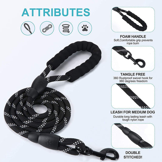Dog Leash 5FT Long, ½ Inch Thick Reflective Heavy Duty Rope with Anti-Slip