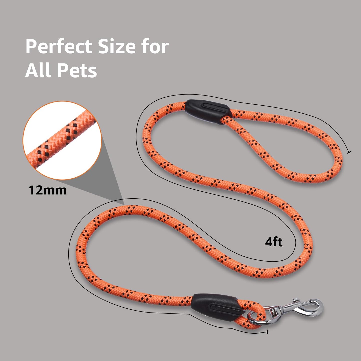 Heavy Duty Reflective Dog Leash 4ft /122 cm Long Nylon Rope Leash with Anti-Slip