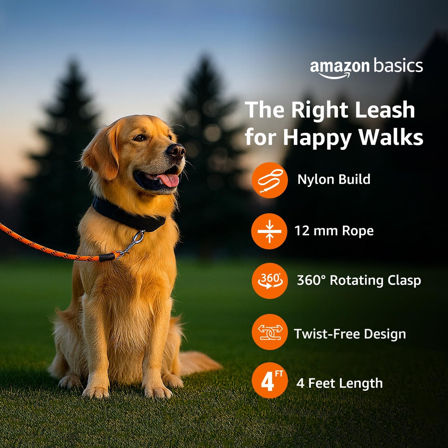 Heavy Duty Reflective Dog Leash 4ft /122 cm Long Nylon Rope Leash with Anti-Slip