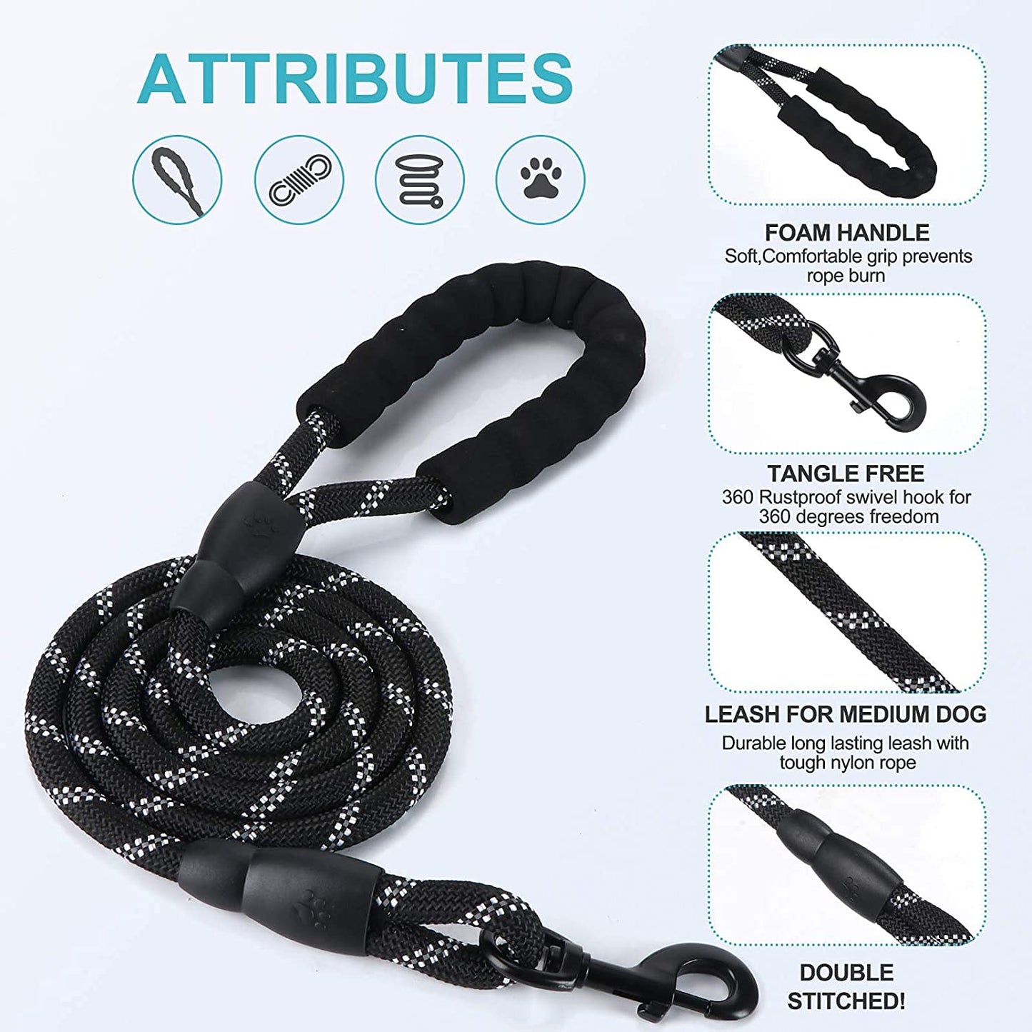 Dog Leash 5FT Long, ½ Inch Thick Reflective Heavy Duty Rope with Anti-Slip