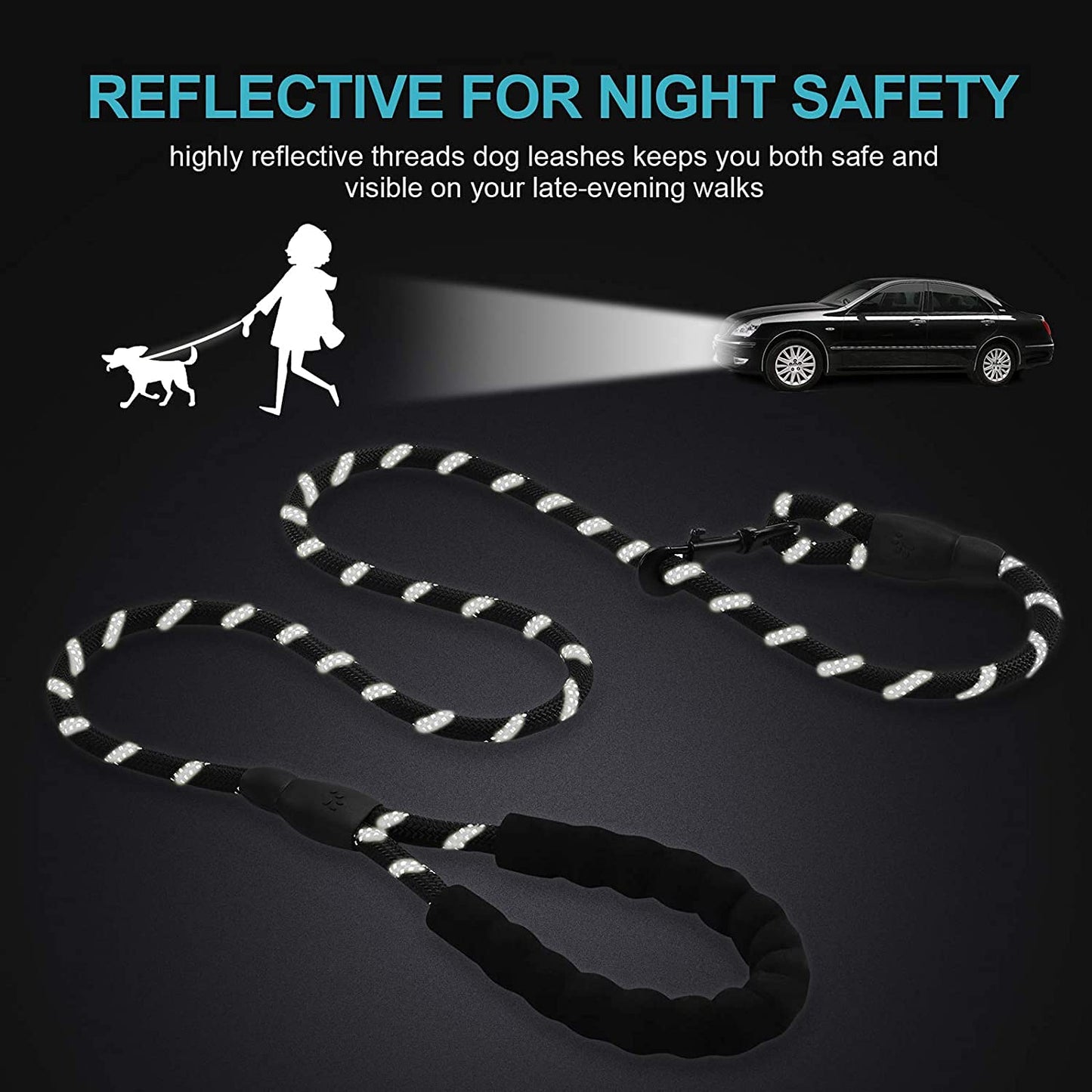 Dog Leash 5FT Long, ½ Inch Thick Reflective Heavy Duty Rope with Anti-Slip