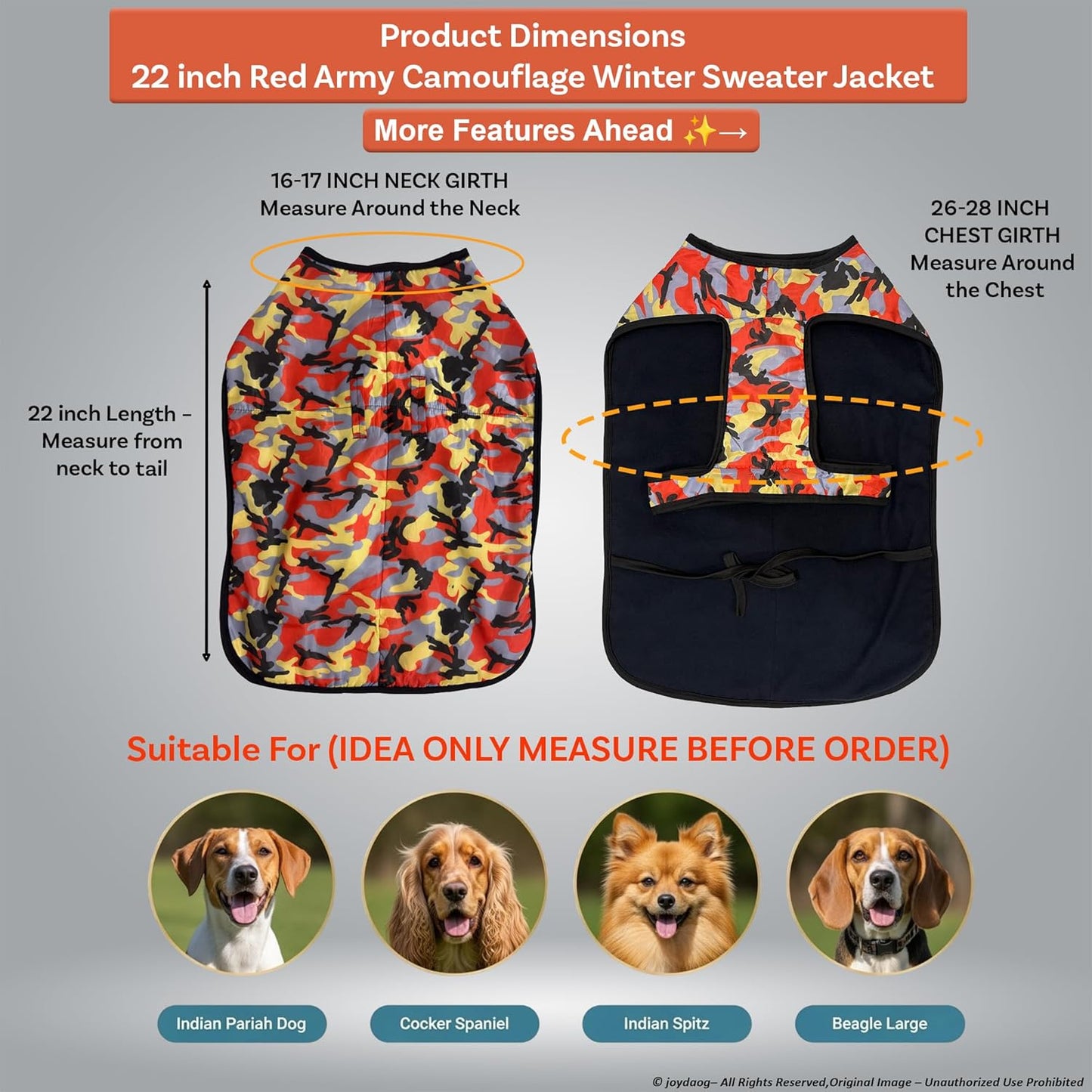 Dog Winter Jacket – (Camouflage Red Army, (XL) 22 Inch) | Ultra Warm Coat